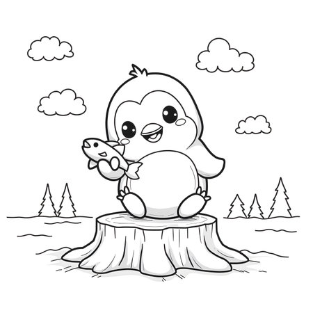 Cute penguin in the forest at night. Vector illustration.の素材