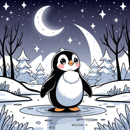 Cute penguin in the night landscape. Cartoon vector illustration.の素材