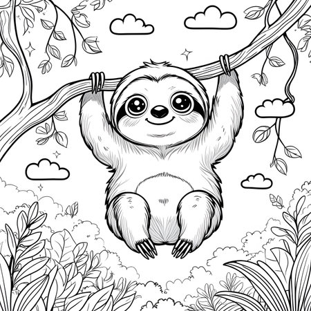 Cute cartoon sloth sitting on a tree branch. Black and white vector illustration for coloring book.の素材