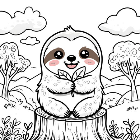 Cute cartoon sloth in the forest. Vector illustration for coloring book.の素材