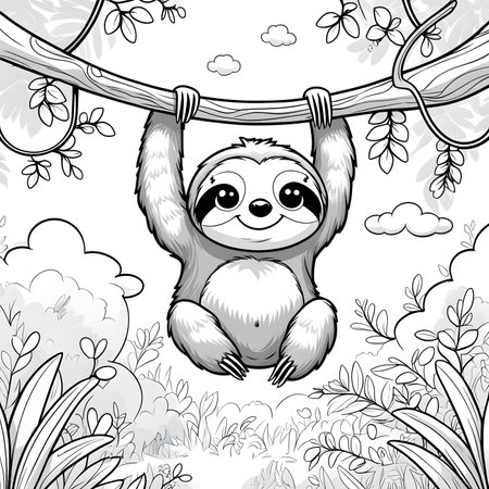 Cute cartoon sloth hanging on the tree. Vector illustration.の素材