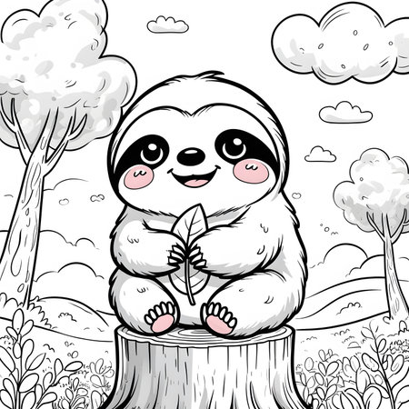 Cute cartoon sloth in the forest. Black and white vector illustrationの素材