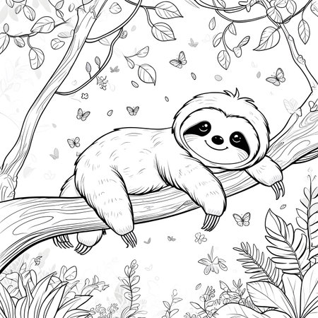 Cute cartoon sloth sitting on a tree branch. Coloring book page for adults.の素材