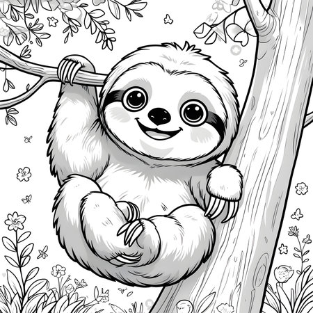 Cute cartoon sloth hanging on tree branch. Vector illustration.の素材
