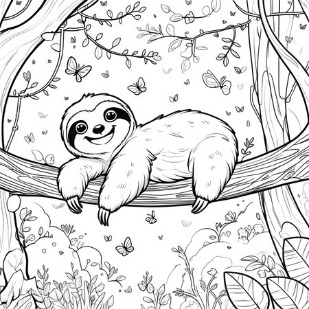 Coloring book for children: cute sloth on the tree. Vector illustration.の素材