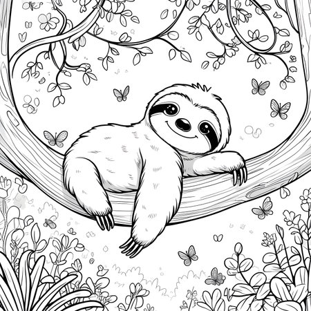 Cute cartoon sloth hanging on a tree branch. Coloring book page for adults.の素材