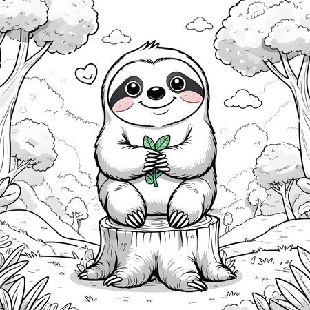 Cute cartoon sloth sitting on a stump. Vector illustration.の素材