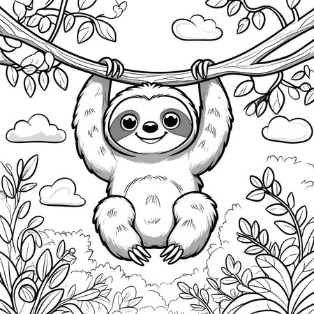 Cute cartoon sloth hanging on tree branch. Vector illustration.の素材