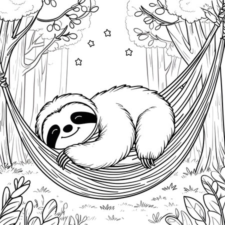 Cute cartoon sloth sleeping in hammock. Vector illustration.の素材