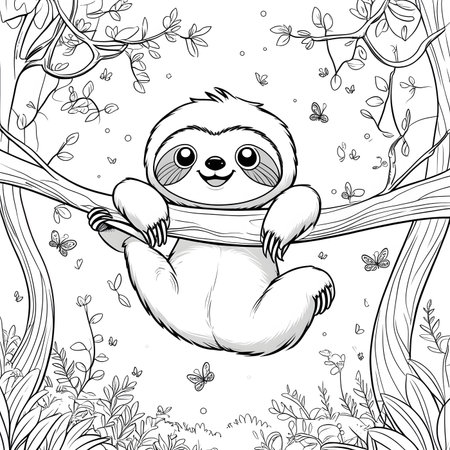 Cute cartoon sloth on the tree. Vector illustration. Coloring book for children.の素材