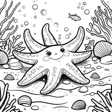 Coloring book for children: starfish on the seabedの素材