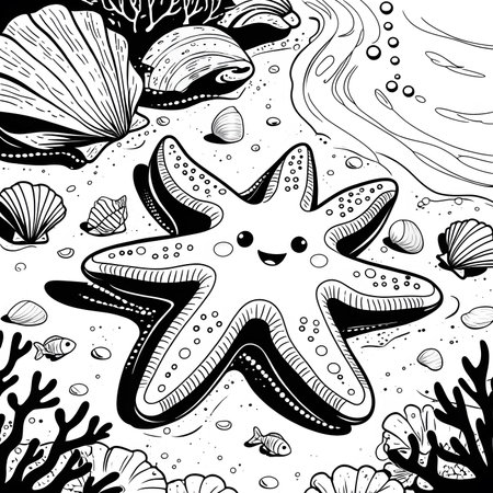 Seamless pattern with starfish and corals. Black and white vector illustration.の素材