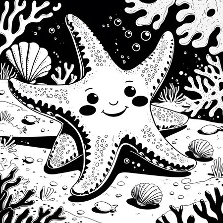 Black and white starfish with corals and algae. Vector illustration.の素材