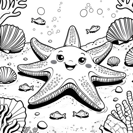 Cute cartoon starfish with sea shells and corals. Vector illustration.の素材