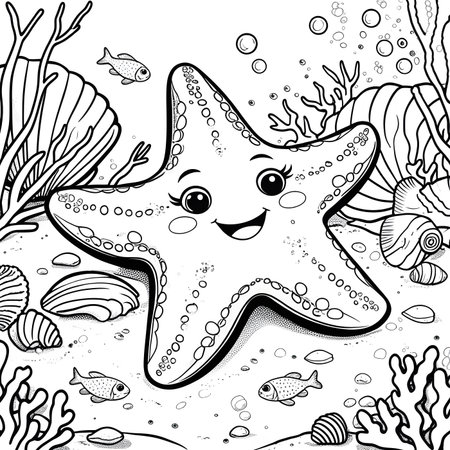 Cute cartoon starfish and corals. Vector illustration for coloring book.の素材