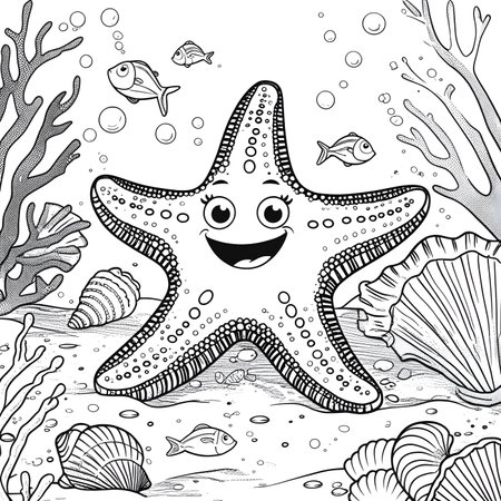 Coloring page with cute cartoon starfish and corals. Vector illustration.の素材