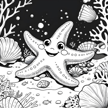 Black and white vector illustration of a cute starfish and corals.の素材