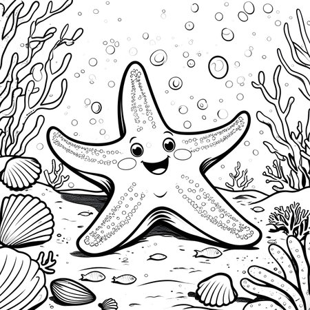 Black and white illustration of a starfish swimming in the sea.の素材