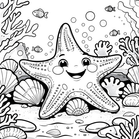 Coloring book for children: cute starfish and corals. Vector illustration.の素材