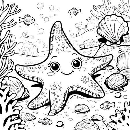 Cute cartoon starfish and sea life. Vector illustration for coloring book.の素材