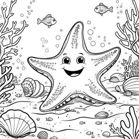 Coloring page with cute cartoon starfish and sea life. Vector illustration.の素材