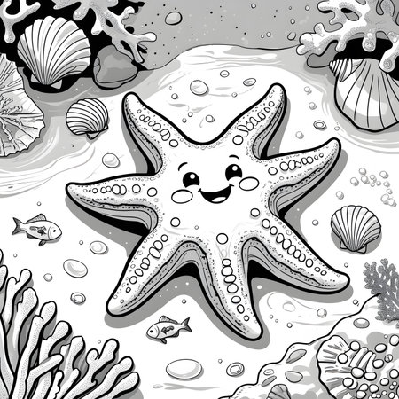 Cute cartoon starfish on the seabed. Vector illustration.の素材