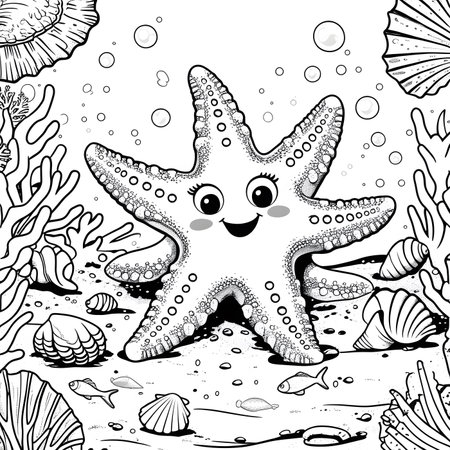 Cute cartoon starfish on the seabed. Vector illustration for coloring book.の素材