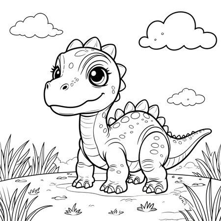 Cute baby dinosaur in the grass. Vector illustration for coloring bookの素材