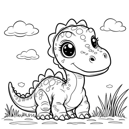 Black and White Cartoon Illustration of Cute Dinosaur Animal for Coloring Bookの素材