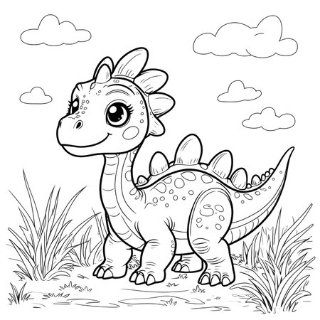 Coloring Page Outline Of Cute Dinosaur Vector Illustration.の素材