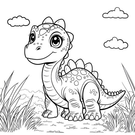 Cute baby dinosaur in the grass. Coloring book for childrenの素材