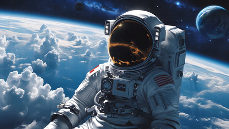 Astronaut spaceman do spacewalk while working for space station in outer space. Astronaut wear full spacesuit for space operation.の素材