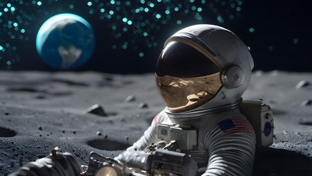 Astronaut on the moon. Science fiction. 3d renderingの素材