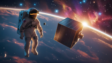 Astronaut and space ship. Mixed media. Mixed media. Mixed mediaの素材