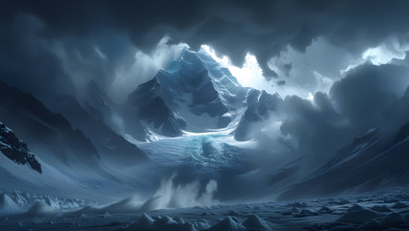 Fantasy winter landscape with snow covered mountains. 3D Renderingの素材
