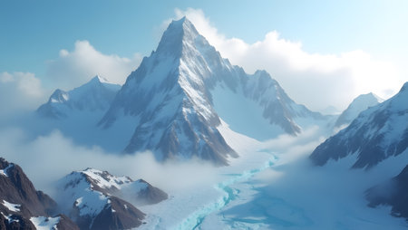Snowy mountain peak in the clouds, 3d render illustration.の素材