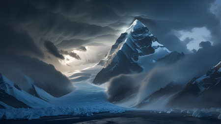 Fantasy landscape with mountains in the clouds. 3d illustration.の素材