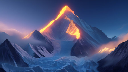 Fantasy alien planet. Mountain with snow. 3D illustration.の素材