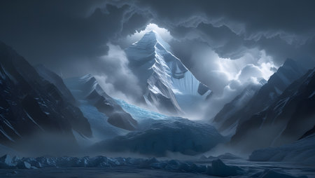 Fantasy alien planet. Mountain with snow. 3D illustration.の素材