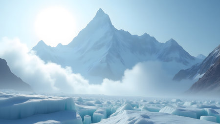 Beautiful winter landscape with snowy mountains and blue sky - 3d renderの素材