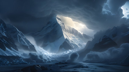 Fantasy alien planet. Mountain and lake. 3D illustration.の素材