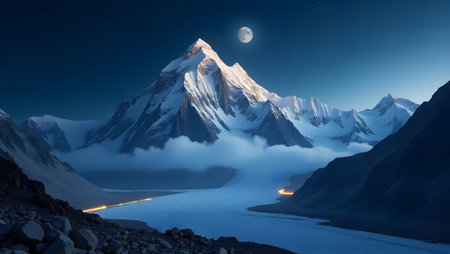Mount Everest at night with moon and stars. 3D Renderingの素材