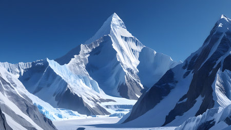 Beautiful winter landscape with snow-capped mountains and blue skyの素材