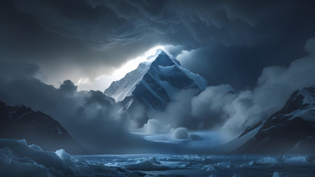 Snowy mountains in the clouds. 3d rendering toned imageの素材