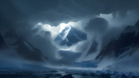 Fantasy landscape with mountains and icebergs. 3D illustration.の素材