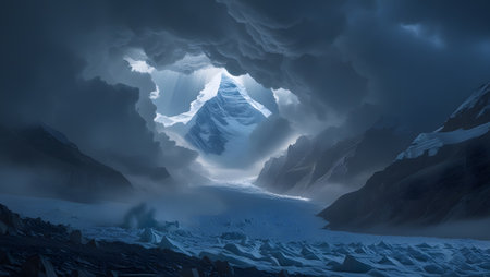 Fantasy landscape with mountains and glacier. 3d rendering. Computer digital drawing.の素材