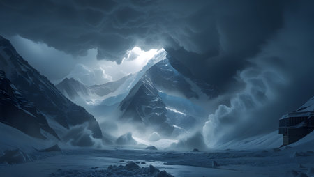 Winter landscape with snow covered mountains and blue cloudy sky. 3d renderingの素材