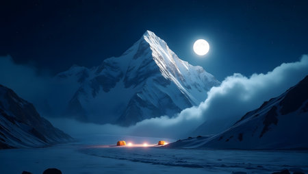 Mountain landscape in the moonlight. Camping in the mountainsの素材