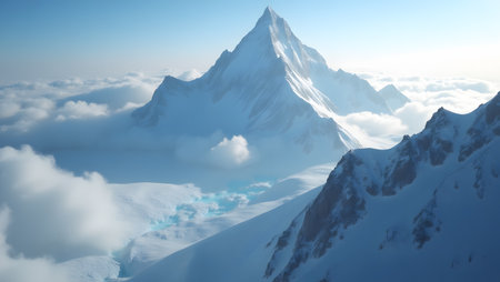 Snowy mountain peak in the clouds. 3D render illustration.の素材