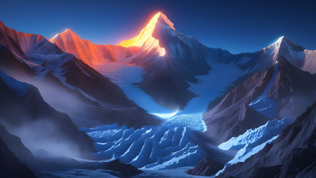 Fantasy alien planet. Mountain and lake. 3D illustration.の素材